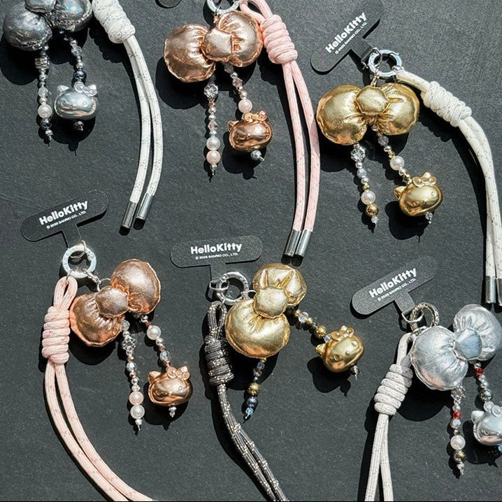TOP TOY Hello Kitty Gold Glitter Phone Charms – Phone Strap, Mini Charm & Shoulder Lanyard