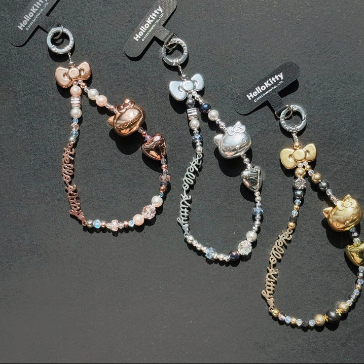TOP TOY Hello Kitty Gold Glitter Phone Charms – Phone Strap, Mini Charm & Shoulder Lanyard