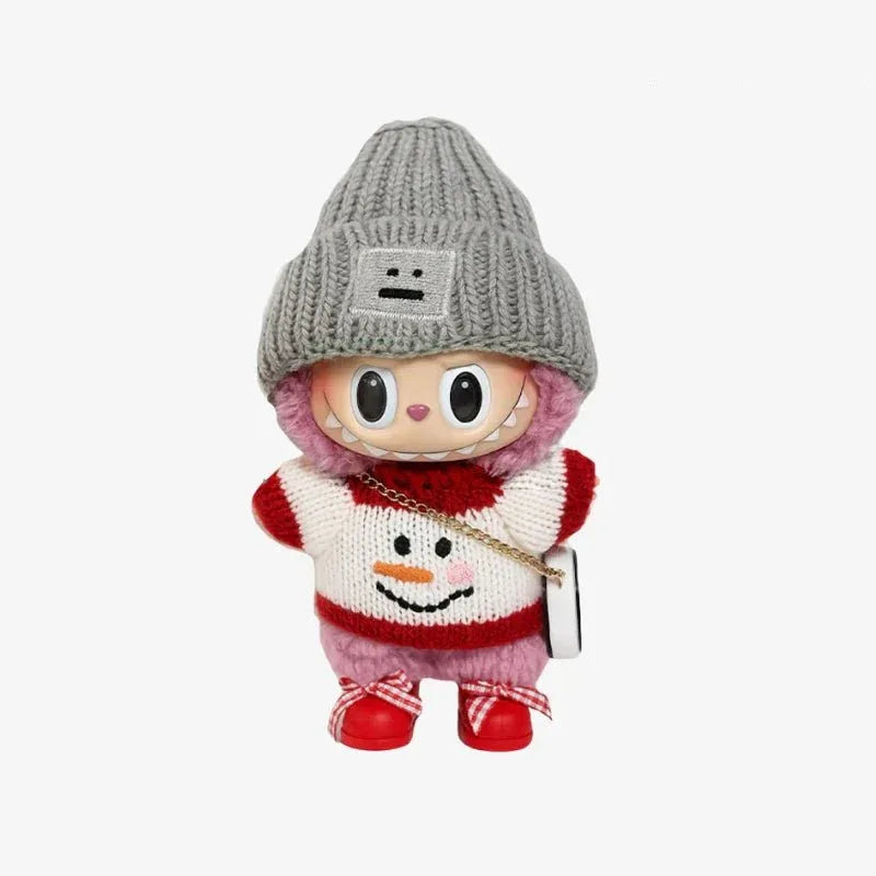 Labubu clothes Christmas Outfit - Grey Hat + Snowman White Top + Red Shoes + Bag - PopNya